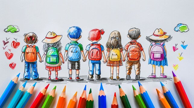 Rentr&eacute;e scolaire, dessin d'enfant allant &agrave; l'&eacute;cole, avec des crayons de couleurs au premier plan, sur fond blanc, ia g&eacute;n&eacute;rative
