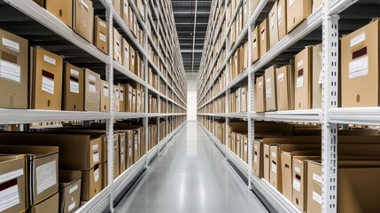 Fototapeta premium Long corridor going through rows of tall shelves full of cardboard boxes, evoking a storage facility, a warehouse or an archive