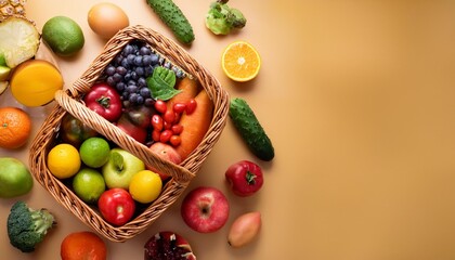 Fresh fruits and vegetables that look delicious in a basket, health food with a health concept, anthocyanin, antioxidants, smart carbohydrates, omega 3, minerals.90