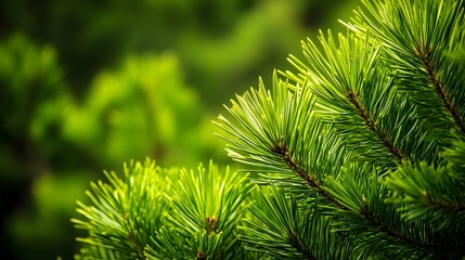 Fototapeta premium Vibrant pine needles, close-up evergreen branches, lush forest detail, bright green foliage, sunlit conifer leaves, crisp nature photography, dappled sunlight, rich emerald hues.