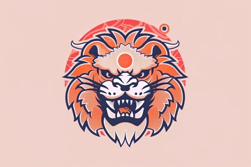 Fototapeta premium Fierce orange lion head illustration with a sun behind it.