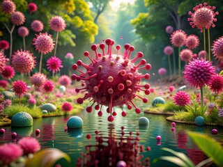 Vibrant magenta virus suspended in water, encircled by delicate pink petals and lush terrestrial plants, blending organic and synthetic elements in a surreal scene.