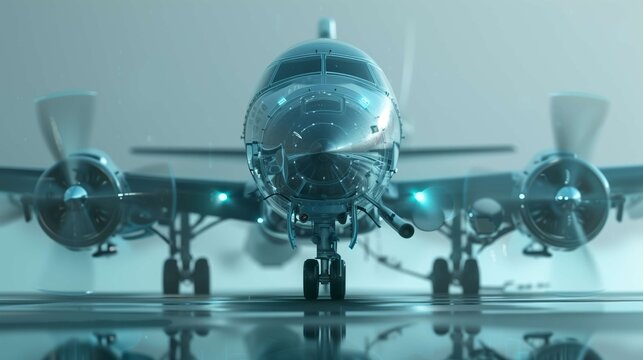 Shiny silver airplane with spinning propellers on a wet tarmac, reflecting modernity and power. Blue sky and clouds evoke freedom and adventure, perfect for travel themes