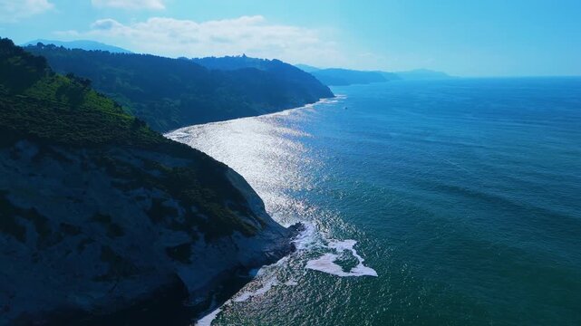 Aerial view from a drone of the coastal landscape between Deva and Zumaia, in the Flysch between Punta Mendata and Sakoneta beach. Cantabrian Sea. Gipuzkoa Province. Basque Country. Spain. Europe
