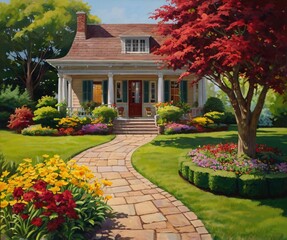 Fototapeta premium Beautiful House in middle og flower garden