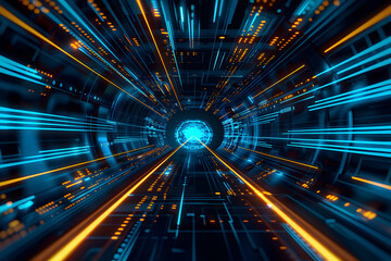 Modern Abstract Futuristic Hud Ui Interface Technology Background, digital tunnel texture background perspective of abstract futuristic virtual corridor in cyberspace