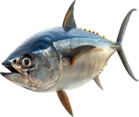 High-quality image of a tuna fish, displaying intricate details of its scales, fins, and sleek body. Perfect for marine and seafood-themed content.