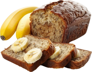 Freshly baked banana bread with slices and bananas. A delicious and healthy treat for any occasion.