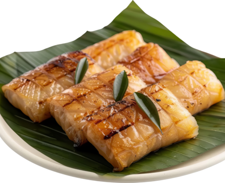 Three grilled squid rolls on a banana leaf, garnished with herbs, served on a white plate. Delicious seafood dish ready to enjoy.