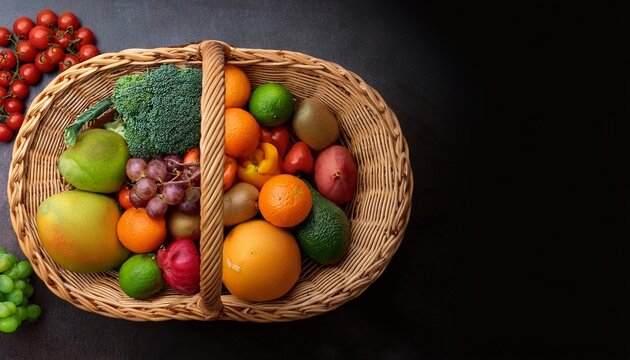 Fresh fruits and vegetables that look delicious in a basket, health food with a health concept, anthocyanin, antioxidants, smart carbohydrates, omega 3, minerals.124