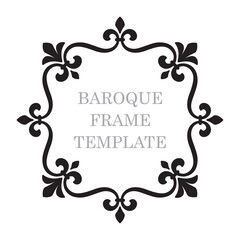 Vector baroque black square border frame. Template. Isolated on white background.