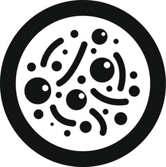 Black and white icon representing a petri dish with bacteria growing, useful icon for microbiology or scientific concepts