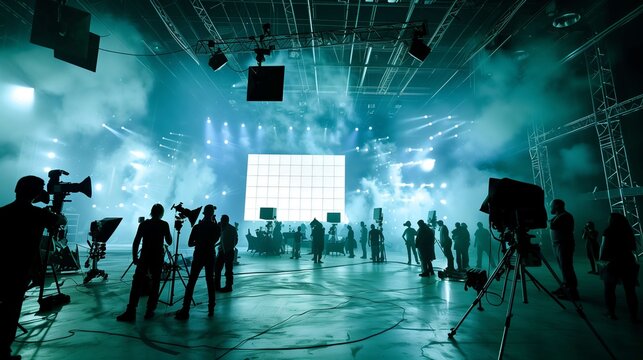 Experience a movie set with the skilled crew at work, capturing every angle and ensuring crystal clear sound. Lights illuminate the stage as the team brings the scene to life