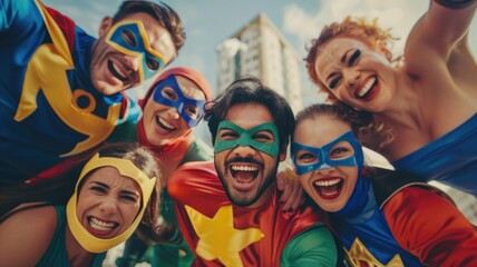 Obraz premium adults at a superhero-themed party, colorful costumes and expressive faces telling a story of escapism and fun