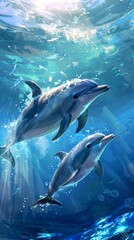 Fototapeta premium Beautiful underwater scene with two dolphins swimming gracefully. Stunning digital artwork for nature-related designs. Perfect for marine life-themed projects or ocean lovers. AI
