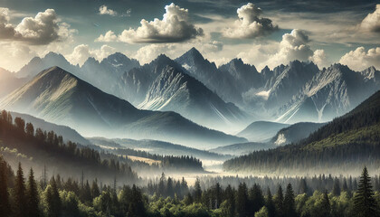 Obraz premium A highly realistic depiction of a mountain range with a forest in the foreground