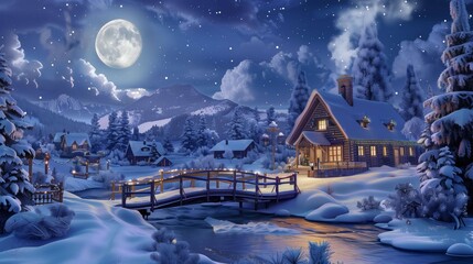 Fototapeta premium Wooden bridge illuminated by christmas lights is leading to a cozy chalet surrounded by snow-covered fir trees under a full moon