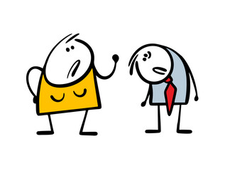 Doodle strict wife scolds her husband. Vector illustration of  abusive woman. Poor funny man in  blue business suit bowed his head, sorry. Isolated stickman characters on white background.