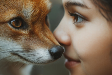 A close-up of a child and a fox touching noses, emphasizing the bond between humans and animals.