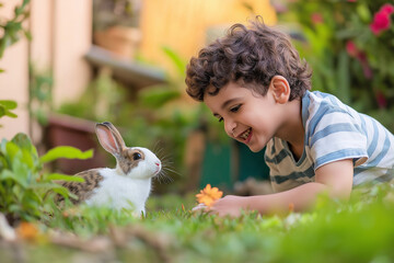 Young boy playing with a rabbit in the garden, capturing a moment of innocence and joy.