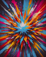 A colorful painting of a rainbow colored star with a blue background, Abstract art