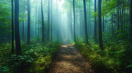 Naklejka premium A serene forest path bathed in soft sunlight filtering through tall trees, Ideal for themes of tranquility, nature, and outdoor adventures, Could be used in hiking, travel