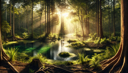 Obraz premium A highly realistic depiction of a forest pond with sunlight filtering through the trees
