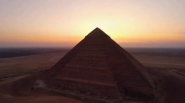 A stunning sunset over an ancient pyramid in a desert landscape
