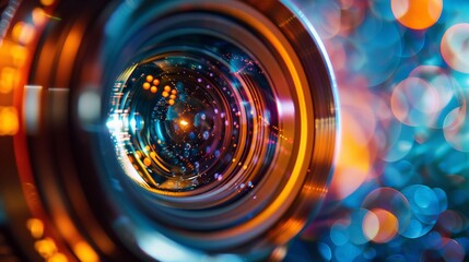 Close-up of a camera lens reflecting colorful bokeh lights, creating a vibrant and abstract background with a shallow depth of field
