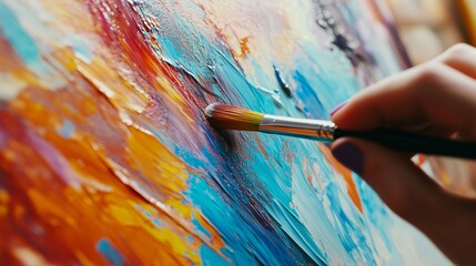 Painter is adding a touch of vibrant blue paint to their abstract piece, showcasing the creative process and the beauty of oil painting