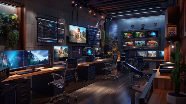 High-tech video editing suite featuring multiple monitors displaying editing software and video footage, creating a captivating atmosphere of digital creativity