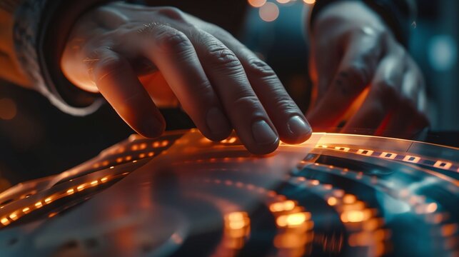Close up of a film editor's hands meticulously reviewing and editing celluloid film on a steenbeck editing machine, illuminated by a warm, focused light