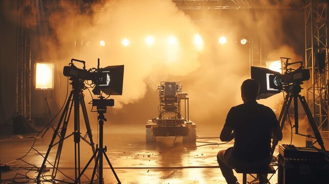 Videographer prepares for a shoot on a busy film set, surrounded by cameras and lights. The studio buzzes with creativity as the crew works together - Powered by Adobe