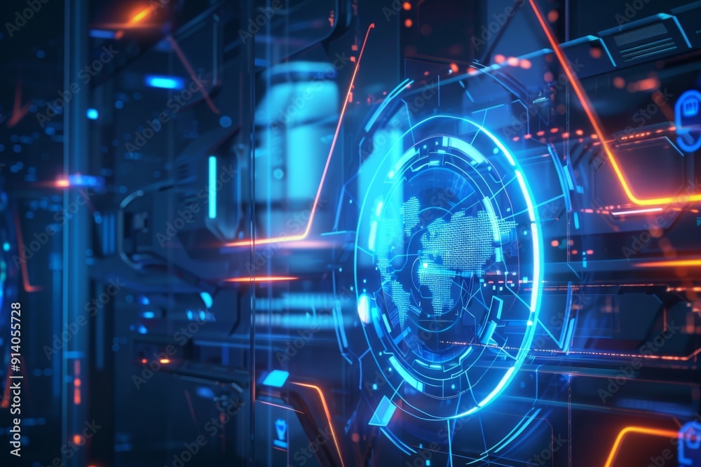Aufkleber advanced cybersecurity shield protecting a network in a high-tech sci-fi setting from digital threat