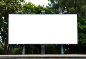 Fototapeta premium Advertising marketing billboard. A large white billboard in a park with lush green trees in the background