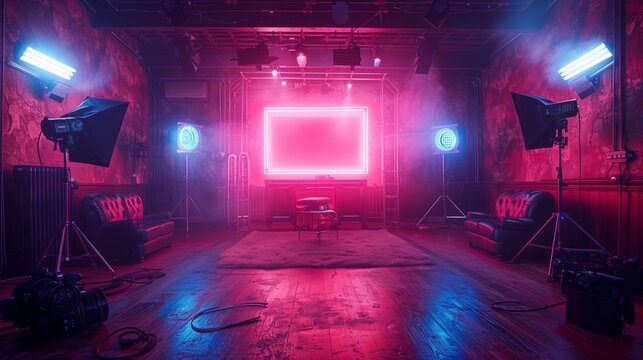 Empty streaming room is waiting for the content creators to start recording with professional equipment. The neon lights are glowing