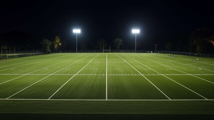 Artificial turf football field illuminated by stadium lights at night, creating a dramatic atmosphere for sporting events