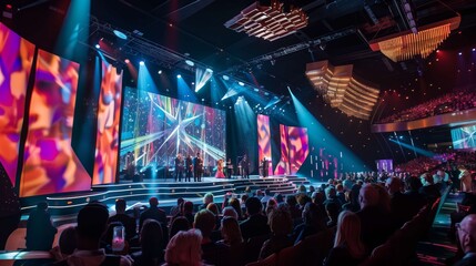 Award ceremony taking place on stage with a large led screen in the background, musicians on the left and the audience applauding