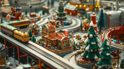 Miniature train is traveling on a track through a miniature christmas village, complete with houses, figurines, and christmas trees. The scene is festive and cheerful