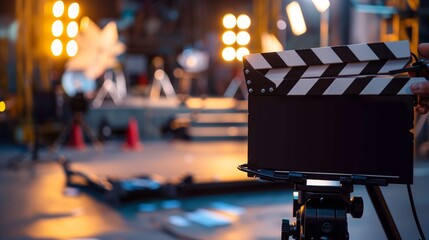 Film slate is being held up by a crew member on the set of a movie being filmed. The background is out of focus but lights are visible