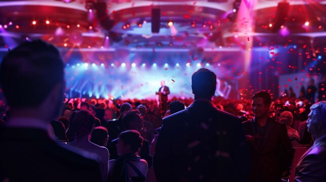 Presenter is delivering a speech on a stage illuminated with spotlights in front of a large audience during a conference event