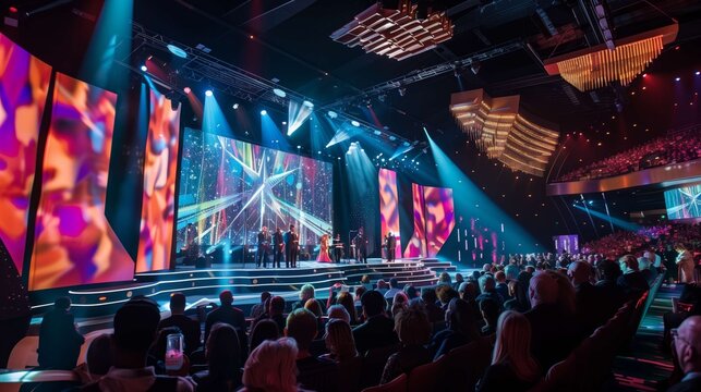 Award ceremony taking place on stage with a large led screen in the background, musicians on the left and the audience applauding