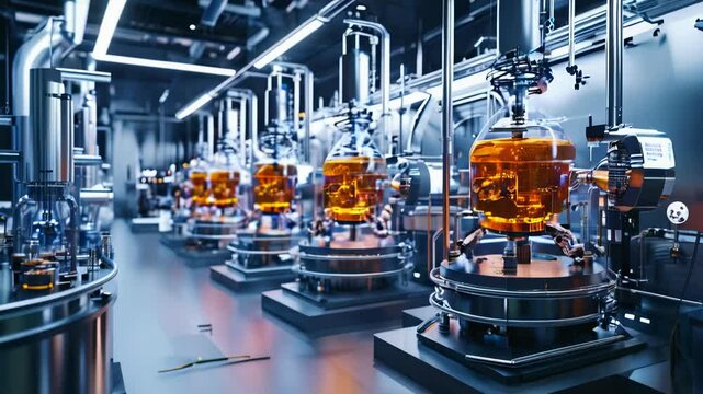 This state-of-the-art laboratory showcases various distillation processes using high-tech equipment and glassware filled with a vibrant orange liquid