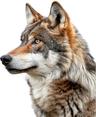 Obraz premium Close-up portrait of a majestic wolf with piercing eyes, showcasing its beautiful fur and keen expression in stunning detail.