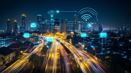 Cityscape with illuminated buildings and light trails on a highway, showing wireless network and communication technology with icons