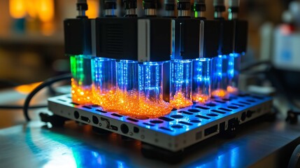 Close-up of advanced laboratory equipment illuminating test tubes filled with an orange liquid, showcasing the fascinating world of scientific research