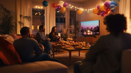 Group of friends watching tv and enjoying snacks