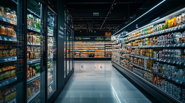 Modern supermarket showing refrigerated aisles