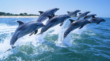 Naklejka premium Graceful dolphins leap in unison out of the water, displaying synchronicity and beauty in motion.