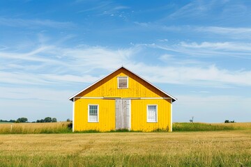 Obraz premium Bright yellow farmhouse in a grassy field against a blue sky.
